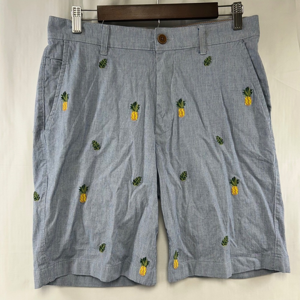 Caribbean Shorts Mens 33 Blue Pineapple Embroidered Striped Flat Front